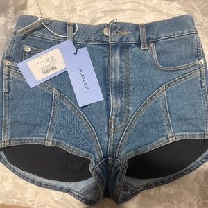 MUGLER BI-MATERIAL DENIM SHORTS BLACK